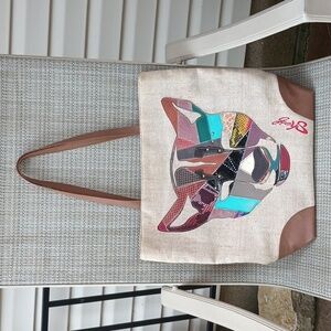 Sharif Jute Leather Patchwork Tote Bag Lg Shoulder Purse Cougar Cat Paw Prints